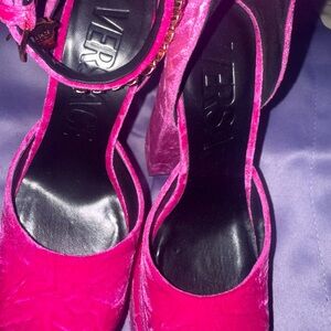 Versace Medusa Fuchsia Crushed Velvet Platform Heels